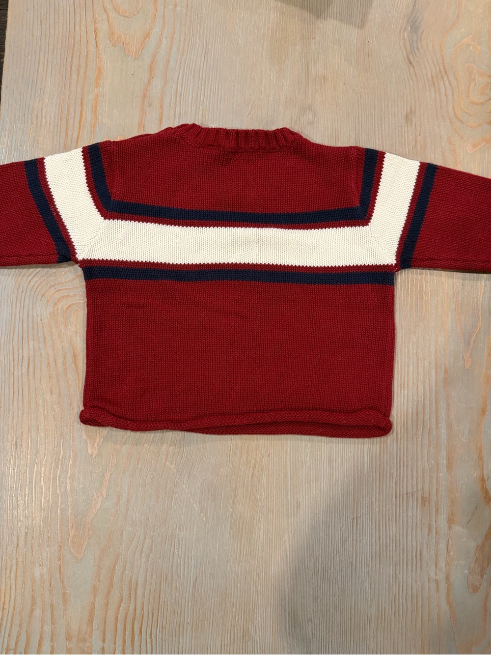 Polo by Ralph Lauren Red Crewneck Sweater with Navy and Cream Stripes - Picture 3 of 5